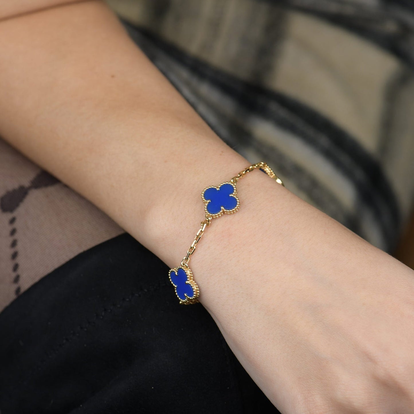 [Luxe Jewelry]CLOVER 5 MOTIFS BLUE AGATE BRACELET