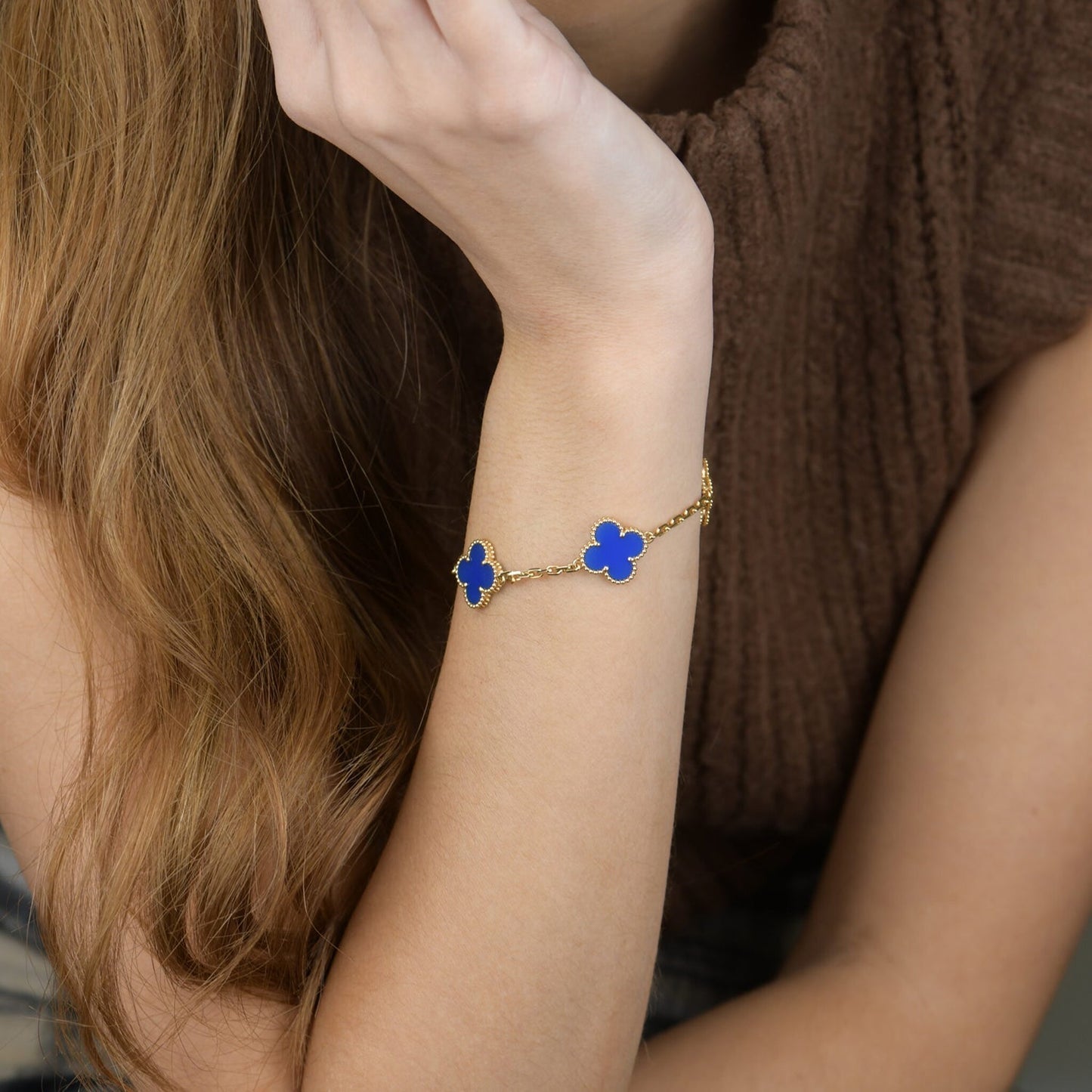 [Luxe Jewelry]CLOVER 5 MOTIFS BLUE AGATE BRACELET
