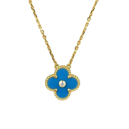 [Luxe Jewelry]CLOVER 15MM DIAMOND AND BLUE AGATE NECKLACE