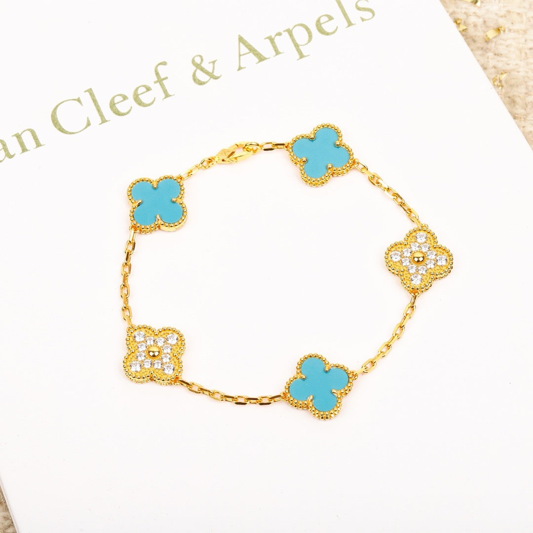 [Bijoux de luxe] BRACELET EN OR ET DIAMANTS TURQUOISE À 5 MOTIFS CLOVER
