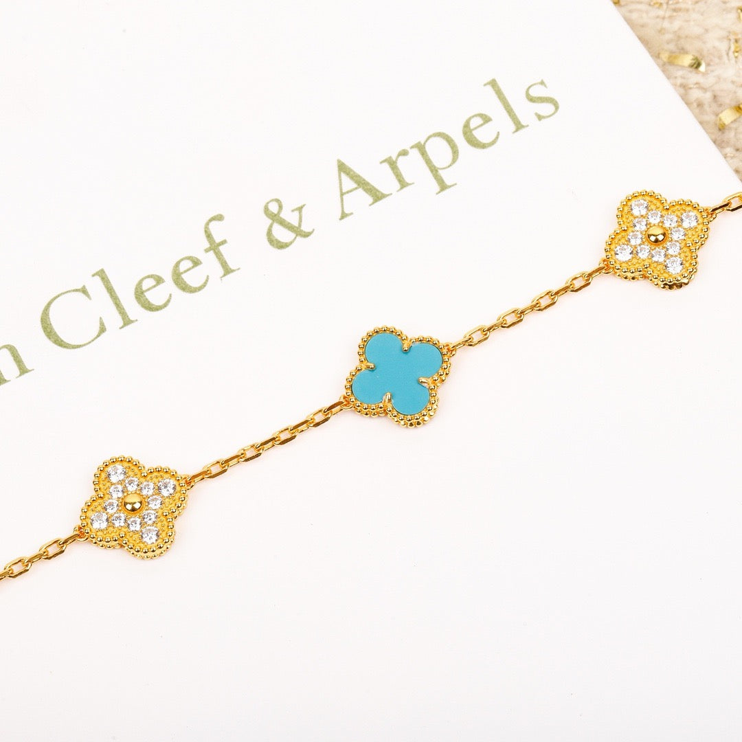 [Bijoux de luxe] BRACELET EN OR ET DIAMANTS TURQUOISE À 5 MOTIFS CLOVER