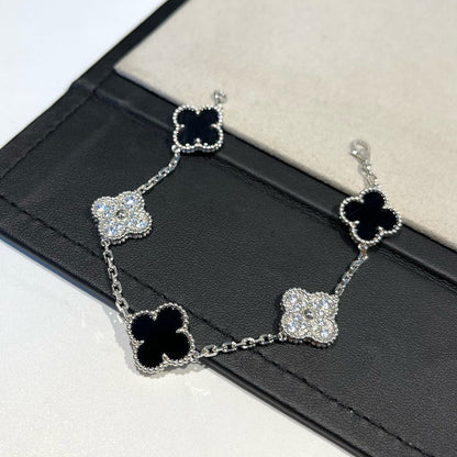 [Luxe Jewelry]CLOVER 5 MOTIF ONYXS DIAMOND BRACELET SILVER