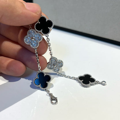 [Luxe Jewelry]CLOVER 5 MOTIF ONYXS DIAMOND BRACELET SILVER