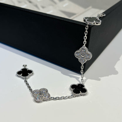 [Luxe Jewelry]CLOVER 5 MOTIF ONYXS DIAMOND BRACELET SILVER
