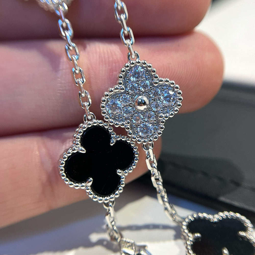 [Luxe Jewelry]CLOVER 5 MOTIF ONYXS DIAMOND BRACELET SILVER
