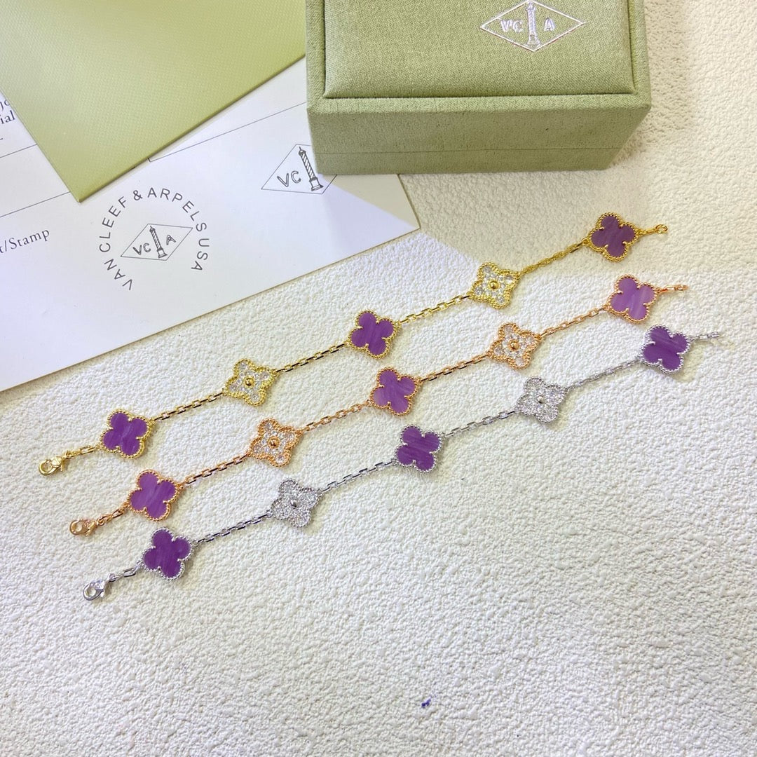 [Bijoux de luxe] BRACELET TRÈFLE 5 MOTIFS VIOLET DIAMANT