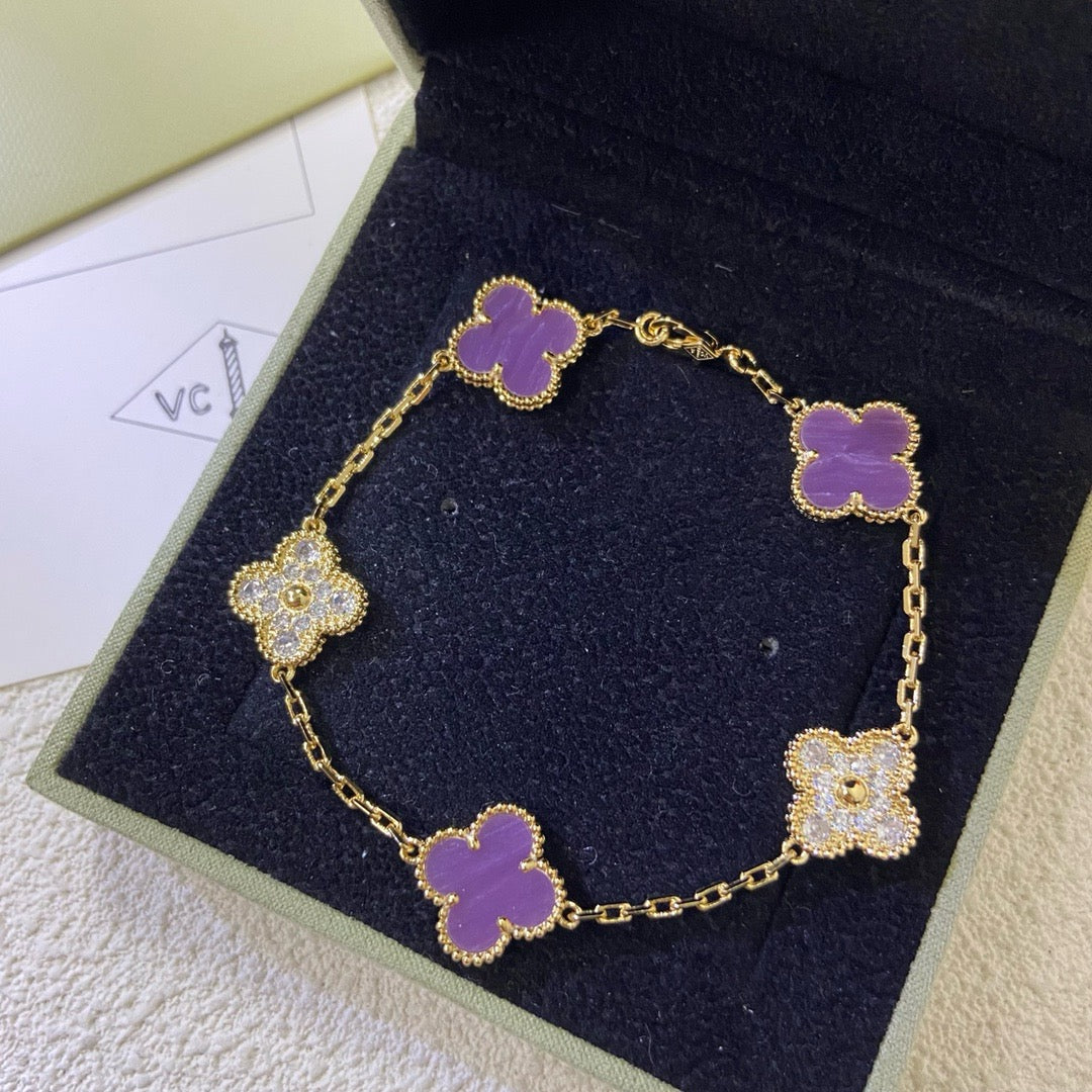[Bijoux de luxe] BRACELET TRÈFLE 5 MOTIFS VIOLET DIAMANT