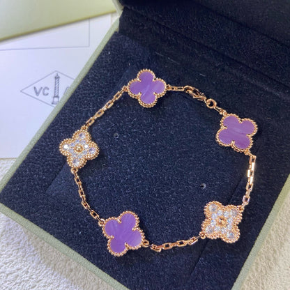[Bijoux de luxe] BRACELET TRÈFLE 5 MOTIFS VIOLET DIAMANT