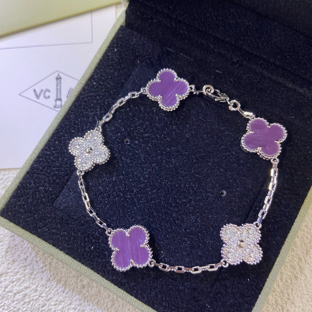 [Bijoux de luxe] BRACELET TRÈFLE 5 MOTIFS VIOLET DIAMANT
