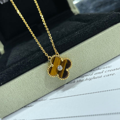 [Bijoux de luxe] Collier CLOVER 15 MM DIAMANT ET AGATE ŒIL DE TIGRE JAUNE