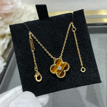 [Bijoux de luxe] Collier CLOVER 15 MM DIAMANT ET AGATE ŒIL DE TIGRE JAUNE