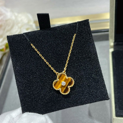 [Bijoux de luxe] Collier CLOVER 15 MM DIAMANT ET AGATE ŒIL DE TIGRE JAUNE