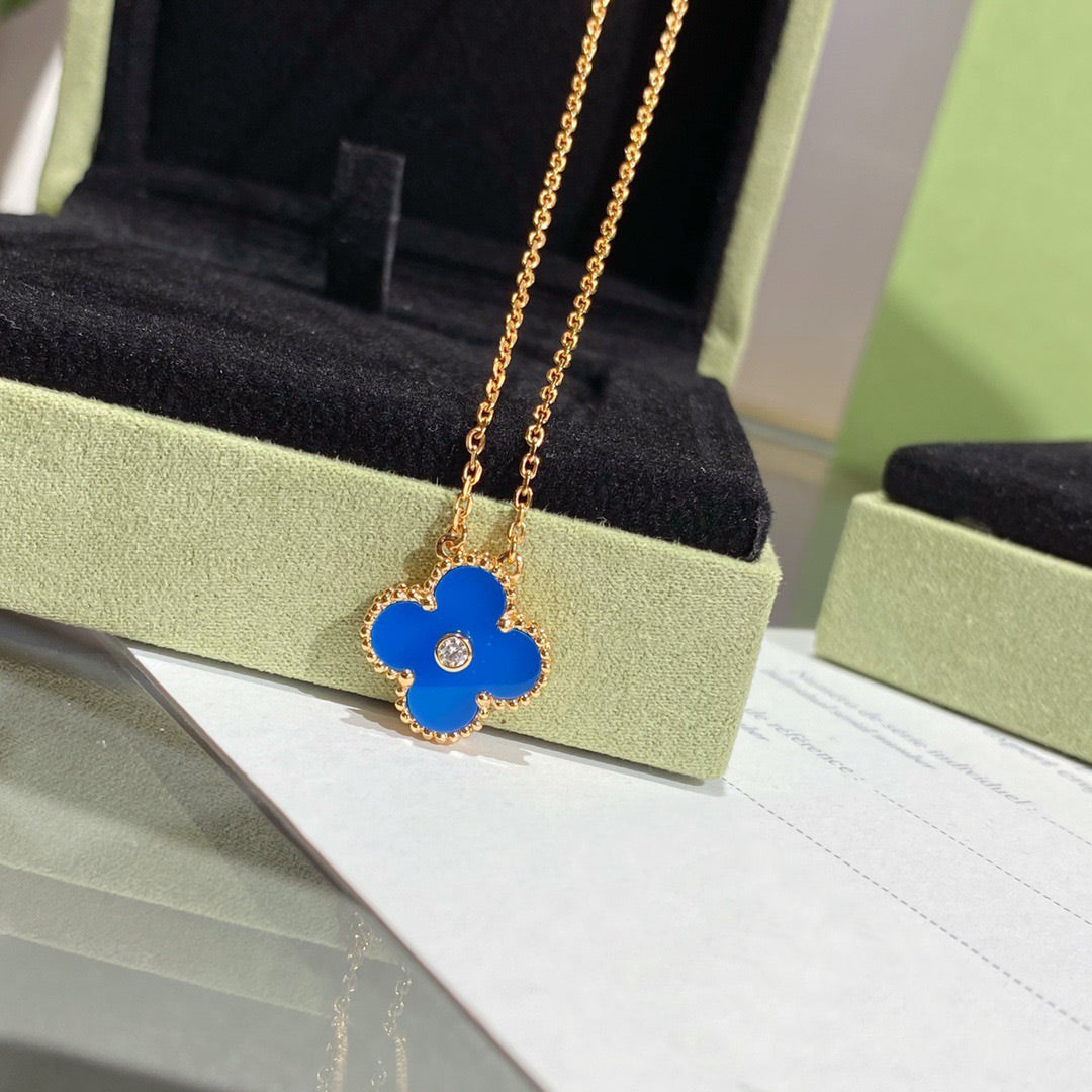 [Bijoux de luxe] Collier Clover 15 mm en diamants et agate bleue