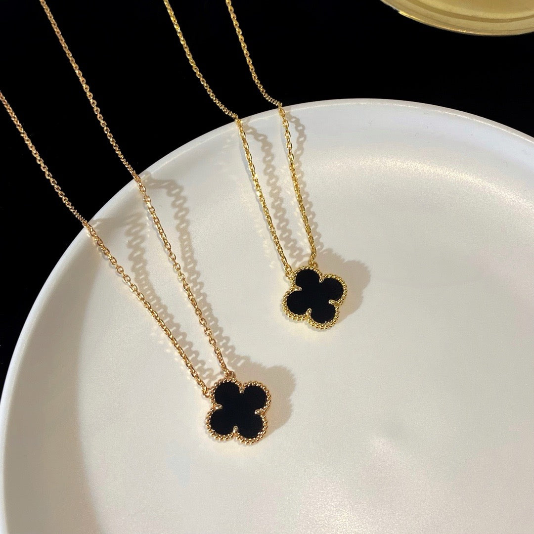 [Luxe Jewelry]CLOVER 15MM BLACK ONYX SINGLE FLOWER NECKLACE