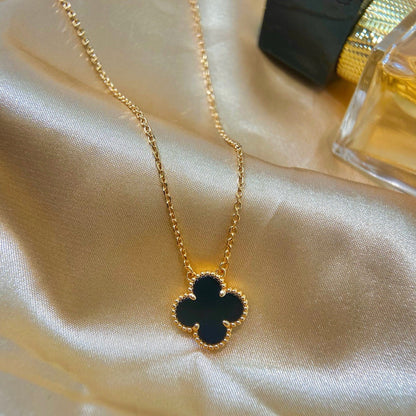 [Luxe Jewelry]CLOVER 15MM BLACK ONYX SINGLE FLOWER NECKLACE