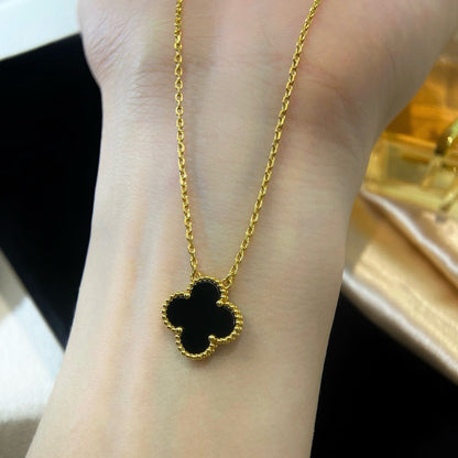 [Luxe Jewelry]CLOVER 15MM BLACK ONYX SINGLE FLOWER NECKLACE
