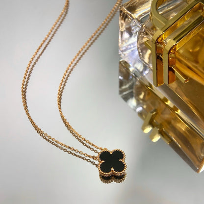 [Luxe Jewelry]CLOVER 15MM BLACK ONYX SINGLE FLOWER NECKLACE