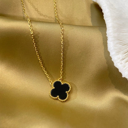 [Luxe Jewelry]CLOVER 15MM BLACK ONYX SINGLE FLOWER NECKLACE
