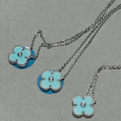 [Luxe Jewelry]CLOVER 1 DIAMOND LIGHT BLUE SILVER NECKLACE