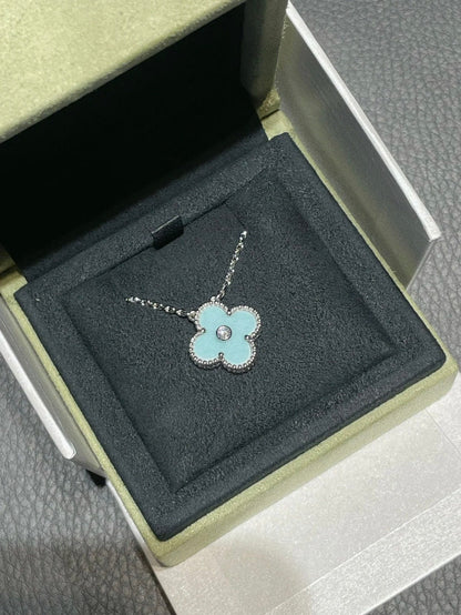 [Luxe Jewelry]CLOVER 1 DIAMOND LIGHT BLUE SILVER NECKLACE