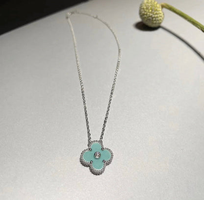 [Luxe Jewelry]CLOVER 1 DIAMOND LIGHT BLUE SILVER NECKLACE