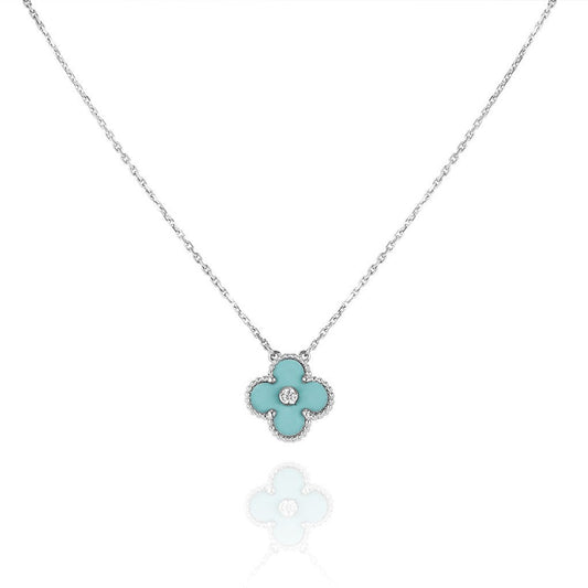 [Luxe Jewelry]CLOVER 1 DIAMOND LIGHT BLUE SILVER NECKLACE