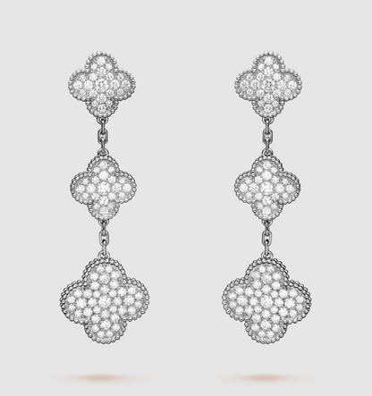 [Luxe Jewelry]CLOVER 3 MOTIF DIAMOND SILVER DROP EARRINGS