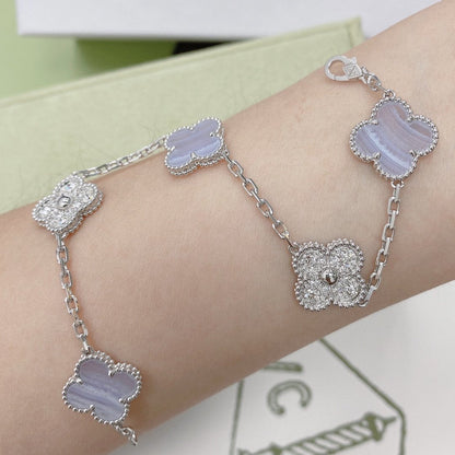 [Bijoux de luxe] Bracelet en argent avec calcédoine violette et diamants à 5 motifs 