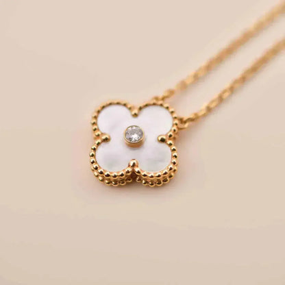 [Luxe Jewelry]CLOVER 15MM DIAMOND WHITE FRITILLARIA NECKLACE