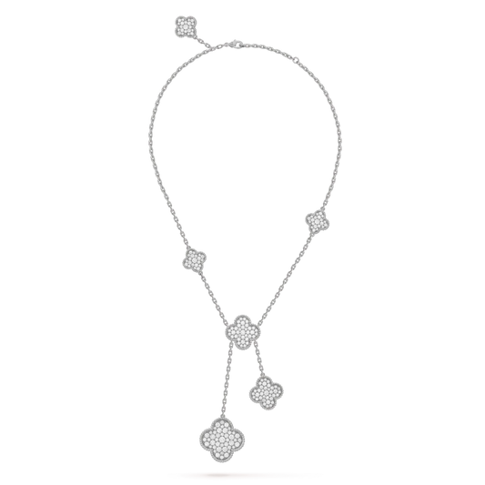 [Luxe Jewelry]CLOVER 5 MOTIFS SILVER DIAMONDS NECKLACE